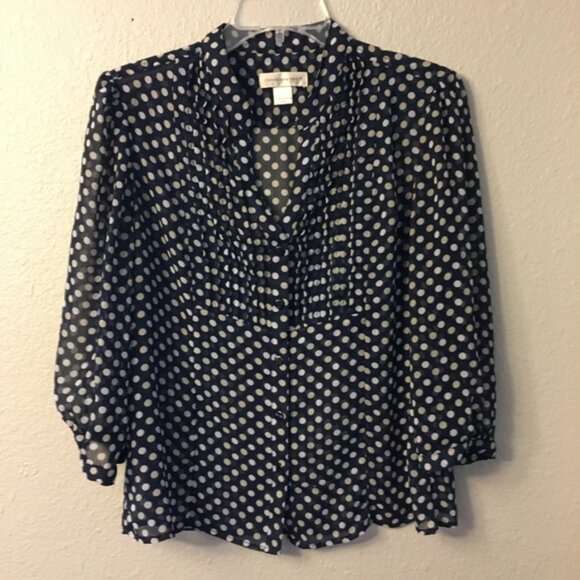 Christopher & Banks Navy Blue Sheer Polka Dot Top Women Petite Medium Pleated - Picture 1 of 8